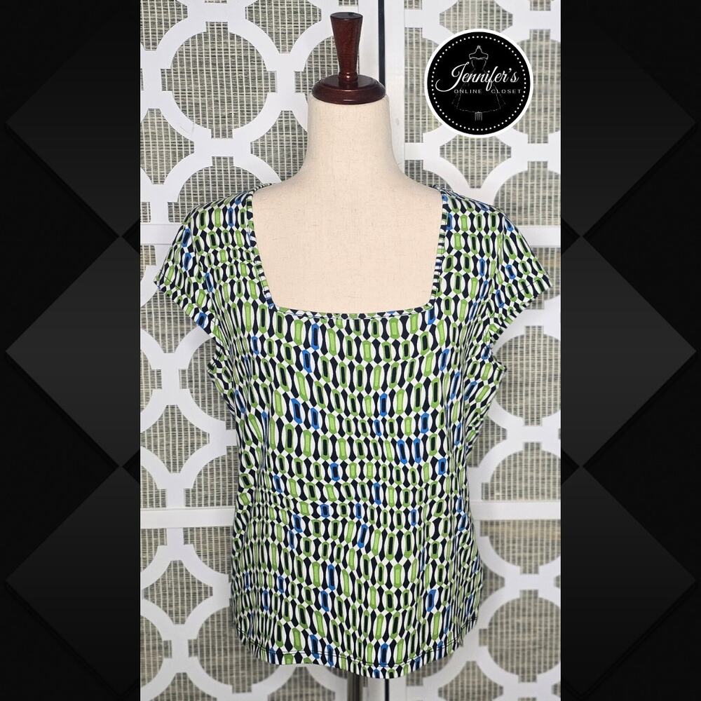 3/$25 Charter Club Petite Black Green White Geometric Square Neck Top Size PM